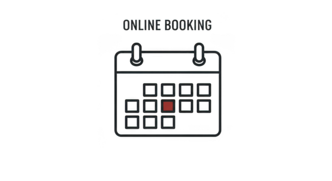 A simple graphic illustration of a calendar with the words online booking above it, highlighting a specific date isolated on transparent background - Powered by Adobe
