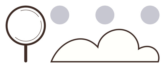 Magnifying glass examining a cloud and three dots, symbolizing research, clarity, innovation, and digital connection. Ideal for science, investigation, cloud computing, technology vision curiosity