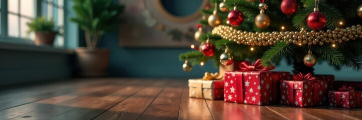 Ornate Christmas tree, colorful gifts, wood floor Copy space , wrapped gifts, decor, rustic