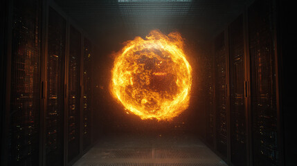 server room alarm icon hologram hovering above overheated rack risk mitigation metaphor illustration concept scene visual for commercial design use high detail quality stock image illustration concept