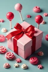Obraz premium Red ribboned gift box surrounded by assorted lollipops , presents, treat