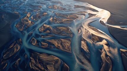 Aerial view river delta with braided streams on a sandy landscape