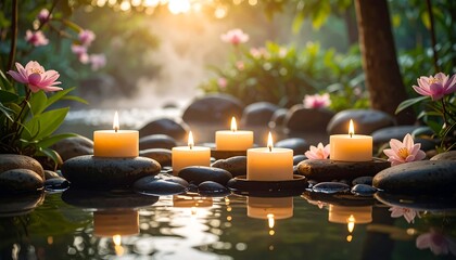 Peaceful candles by a stream