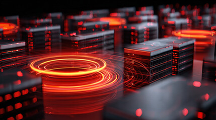 server room alarm icon hologram hovering above overheated rack risk mitigation metaphor illustration concept scene visual for commercial design use high detail quality stock image illustration concept