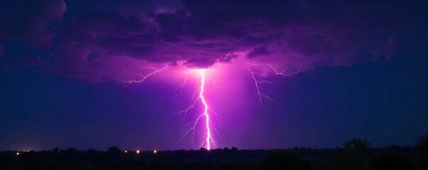Dramatic image of a powerful bolt of lightning striking during a nocturnal thunderstorm, illuminating the dark sky with intense light and electrifying energy , dramatic, force