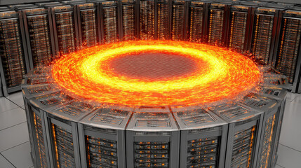 server room alarm icon hologram hovering above overheated rack risk mitigation metaphor illustration concept scene visual for commercial design use high detail quality stock image illustration concept