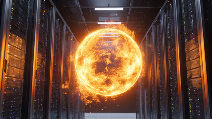 server room alarm icon hologram hovering above overheated rack risk mitigation metaphor illustration concept scene visual for commercial design use high detail quality stock image illustration concept