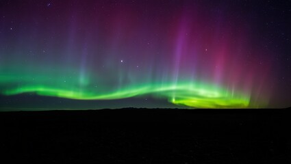 Stunning aurora arcs in vibrant colors swirling above a tidally locked exoplanet, cosmic scene in deep space.