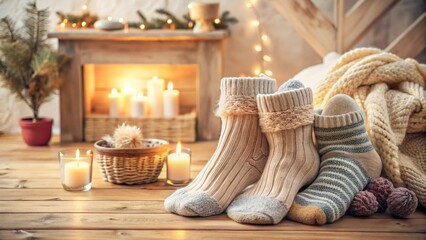A traditional home interior design featuring a wooden Christmas fireplace decorated with gifts and a Christmas tree with a basket of flowers and tea cups on a table