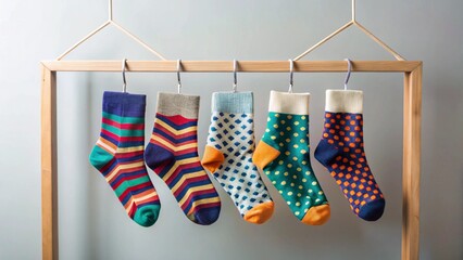 Socks in red and white Christmas patterns are hanging from a clothesline with clothespins to dry