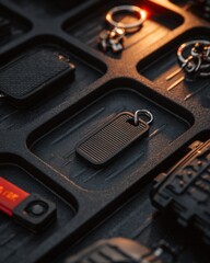 Close-Up of Stylish Black Keychains and Tags on Dark Surface, with Unique Textures and Patterns, Modern Accessories
