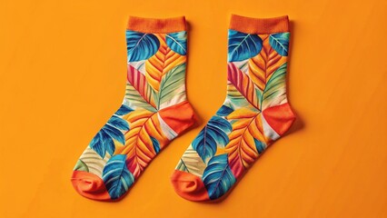 A vibrant pair of striped woolen socks sits isolated on a shelf