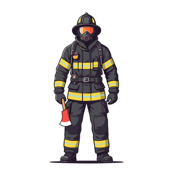 tough guy vector illustration of a fireman in full gear standing heroically with an axe in hand on a white background