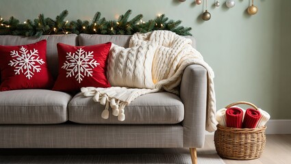 Cozy sofa decorated for the holidays with festive pillows and soft throw blankets in warm tones.