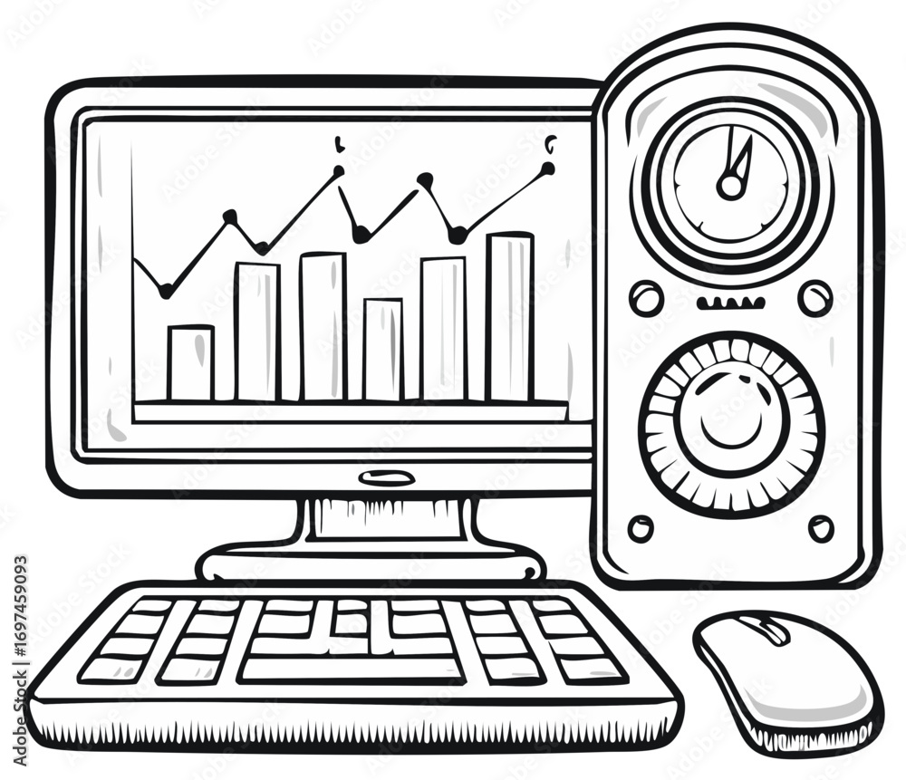 Poster desktop computer showing business data graphs, accompanied by keyboard, mouse, and control panel dev