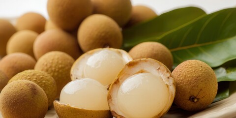 A vibrant image of fresh longan fruit, showcasing their juicy, translucent flesh and healthy nature.