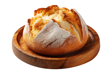 Australia Damper rustic bread with crispy crust and flour dusting cooked over campfire or in ashes on wooden plate, isolated on white transparent background, concept of homemade baking