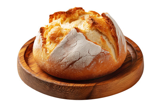 Australia Damper rustic bread with crispy crust and flour dusting cooked over campfire or in ashes on wooden plate, isolated on white transparent background, concept of homemade baking