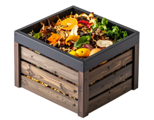  Eco Compost Bin with Food Scraps and Leaves, Isometric Perspective, isolated transparent background png