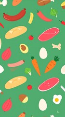 Food pattern of various ingredients on a green background