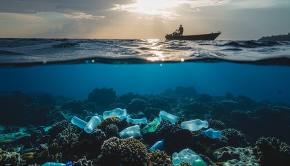 Fisherman Silhouette Above Polluted Ocean with Plastic Waste
