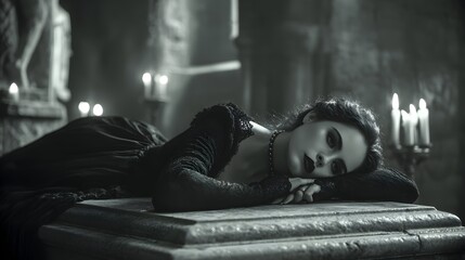 Obraz premium Mysterious Woman in Dark Attire Lying on Stone Table with Candles