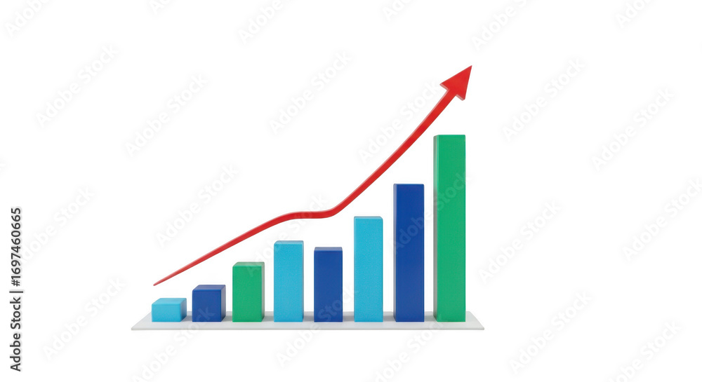 Aufkleber A 3d bar chart with a red arrow showing an upward trend, isolated on a transparent background