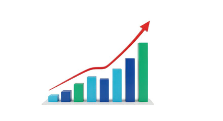 A 3d bar chart with a red arrow showing an upward trend, isolated on a transparent background