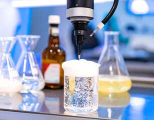 Robotic arm positioned over beaker of bubbling liquid in lab setting