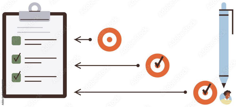 Poster clipboard checklist, arrows pointing to targets with checkmarks, pen highlight progress. ideal for t