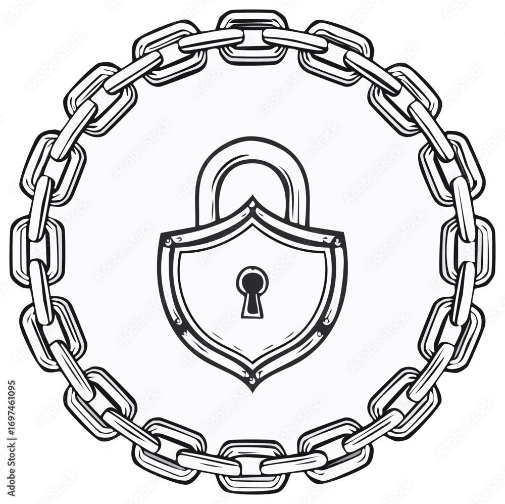 Poster outline illustration of a padlock with shield and circular chain for security