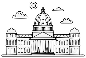 Hand Drawn Style Illustration of a Classical Building with Large Dome Pillars and Sunny Sky