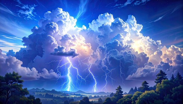 A serene landscape of summer clouds over the mountains and a blue horizon of a city reflecting on the ocean at sunset - Powered by Adobe