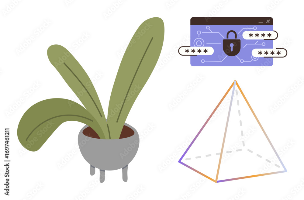 Poster potted plant with large green leaves, secure browser window with password fields, and translucent py