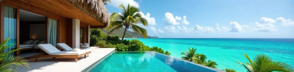 A lavish private villa overlooking a turquoise ocean, complete with infinity pool and lush tropical gardens Perfect for a romantic and luxurious honeymoon getaway , green, exclusive, sun