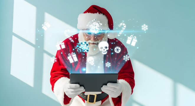 Santa claus holding a tablet with glowing digital christmas presents and snowflakes emerging from the screen