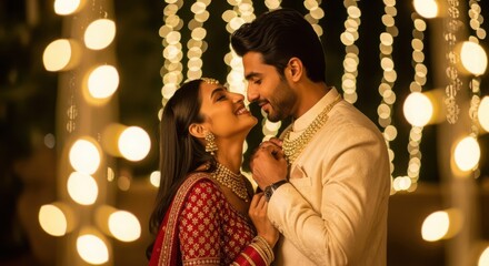 A romantic indian couple embracing and looking at each other with love amidst glowing lights during a festive evening