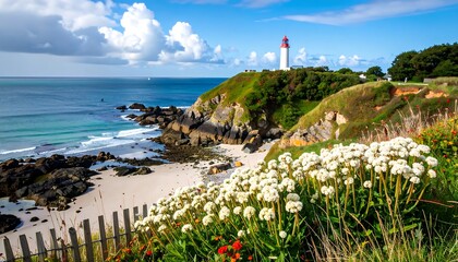 Coastal scene with lighthouse, beach, and wildflowers