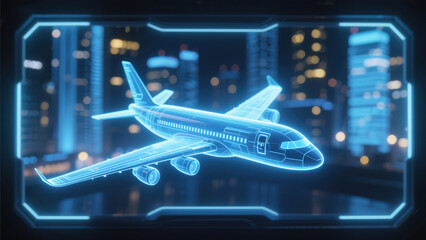 Three-dimensional scanned aircraft against the urban backdrop