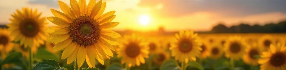 Obraz premium A majestic sunflower faces the rising sun, its petals ablaze with golden light, dew drops clinging to its vibrant surface The soft morning light casts long shadows across the field , rural, petals
