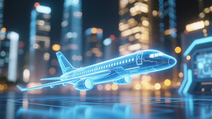 Three-dimensional scanned aircraft against the urban backdrop
