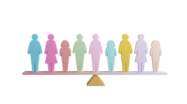 A colorful balance scale with many stylized figures