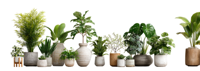 Variety of potted houseplants in muted tones