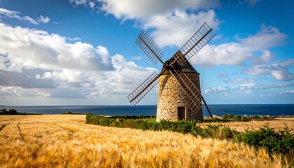 Dutch windmill on a rural farm field in the summer landscape with green grass