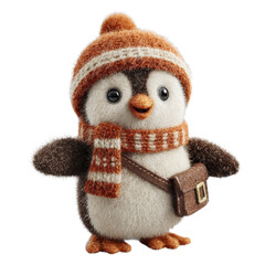 A fluffy toy penguin wearing a knitted hat and scarf carrying a small satchel