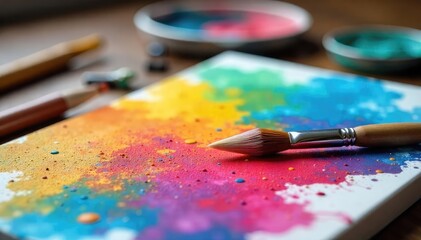 Obraz premium A paintbrush rests on a vibrant canvas, surrounded by scattered art supplies, symbolizing the creative process and artistic expression , studio, art supplies