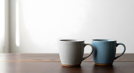 Cozy morning scene with two ceramic coffee cups on a rustic wooden table, bathed in soft natural light from a window