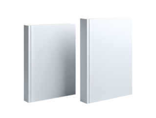 Two blank, white books, different sizes, on a plain background