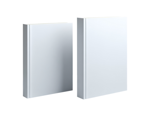 Two blank, white books, different sizes, on a plain background