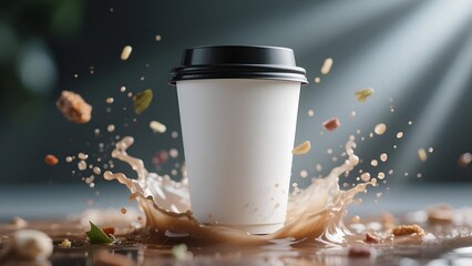 Realistic Mockup Coffee Cup with Dynamic Splash and Flying Ingredients